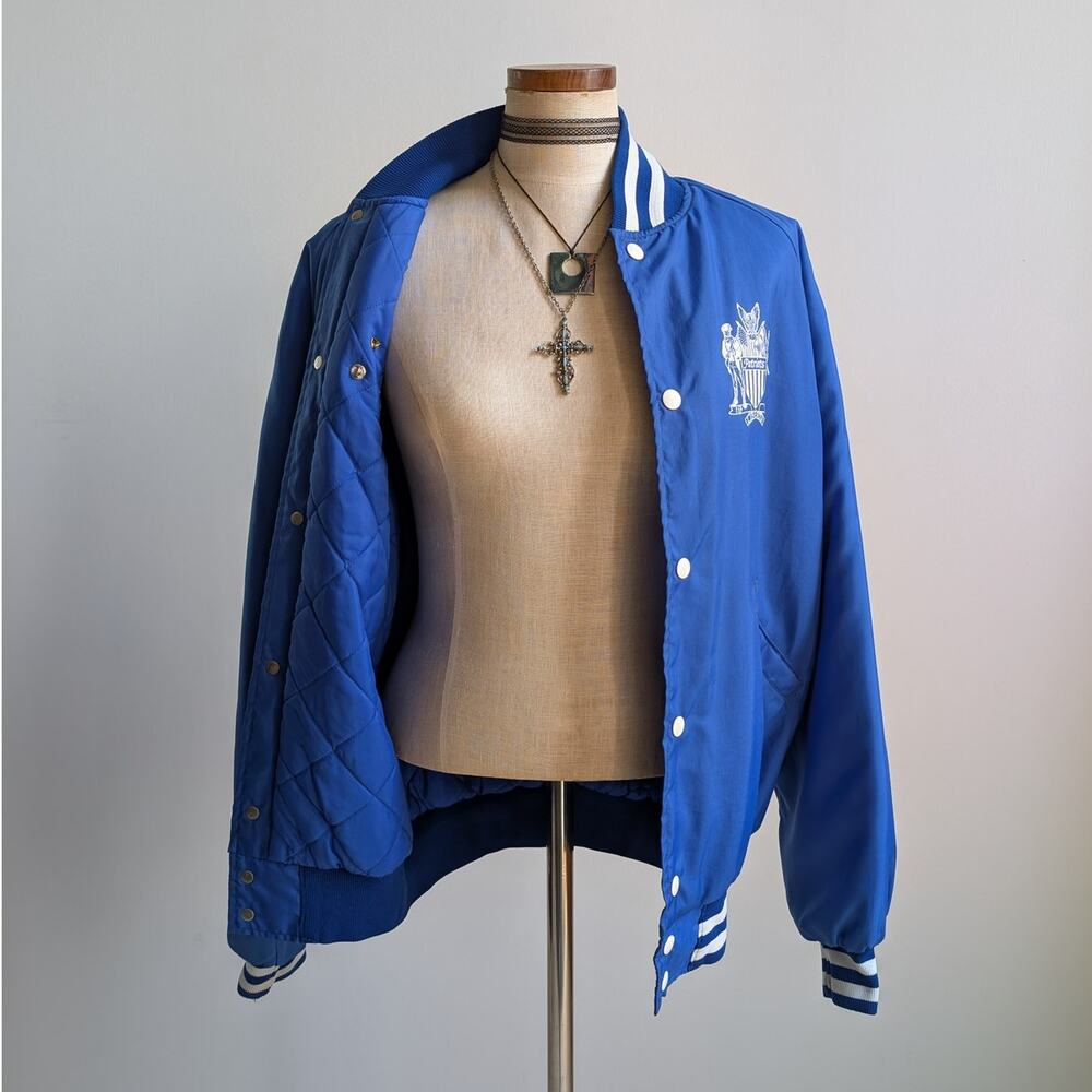 Vintage Blue Varsity Bomber Jacket Preppy Liberty Drill Team Sporty Coat Medium - Picture 9 of 16